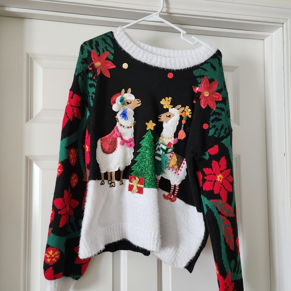 Ladies Festive Llama Christmas Sweater - Black and Red, Like New, Only Wore 1x